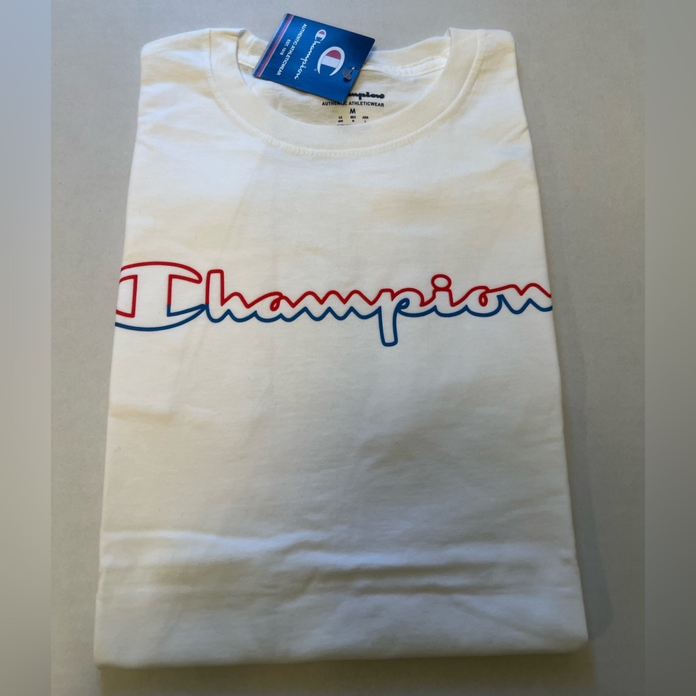Champion White Tee with Red and Blue Accents